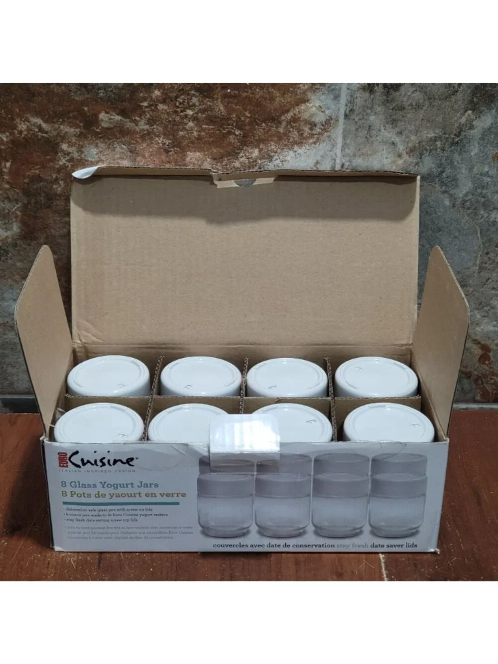 Euro Cuisine Set 8 Glass Yogurt Jars 6 Oz Date Setting Lids